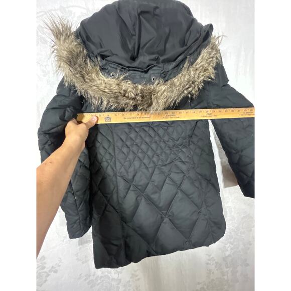 Eddie Bauer Puffer Coat Small Black Goose Down Faux Fur Lined Hood Long Length - Picture 12 of 16